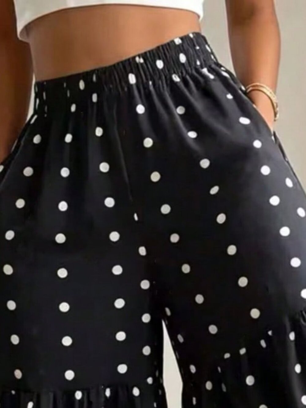 Black And White Casual Women's Elegant Polka Dot Print Wide Leg Pants - Picture 4 of 5